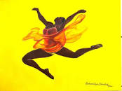 Dancer in orange outfit on a yellow background